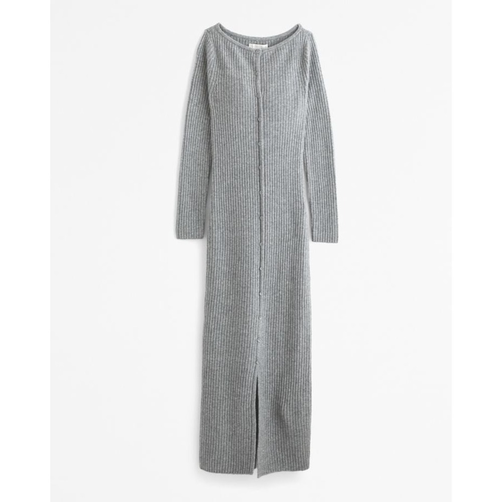 Abercrombie & Fitch Giselle Grey Merino Wool Ribbed Button Front Maxi Dress SM - Picture 2 of 8
